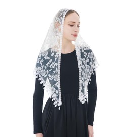 Wgior Triangle Catholic Church Veils Floral Lace Scarf Mass Mantilla Chapel Veil Bridal Bachelorette Party Veil (White)