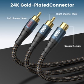 EMK RCA Splitter 2 Male to Female Extension Cable Dual Shielding Gold Plated Nylon Braided RCA Splitter 1 Female to 2 Male Cord Adapter 1ft/30CM