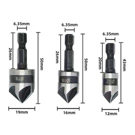 3 Pieces 1/4 Inch Hex Shank, Countersink Drill Bit Hex Shank, 12mm/16mm/19mm Countersink Drill Bit, 5 Flute 90 Degree Woodworking Countersink Bits for Woodworking (Grey)