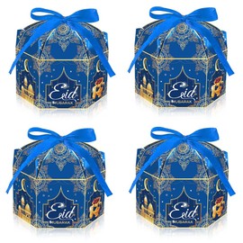 Estivaux 12 Pack Eid Mubarak Boxes, Ramadan Candy Box Eid Gift Bags Eid Mubarak Goodie Boxes Blue Ramadan Treat Storage Case with Ribbon for Eid Party Birthday Carnival Decorations