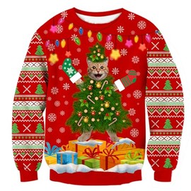 ALISISTER Unisex Xmas Jumper Funny Santa Cat Pattern Christmas Pullover Sweatshirt Sweater Autumn Winter Round Neck Xmas Gift Clothing Outwear Top L