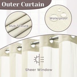 SORTTO No Hook Slub Textured Shower Curtain with Snap in Liner - Sand Fabric Outer Curtain & Waterproof Inner Liner, Hotel Style with See Through Top Window, 71x74 in