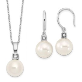 Ice Carats Designer Jewelry USA 925 Sterling Silver 10mm White Shell Pearl CZ Dangle Earrings Necklace Chain Set