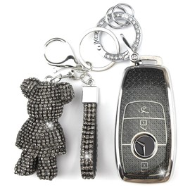 Rayslesan Cute Key Fob Cover with Rhinestone Bear Charm, Bling TPU Smart Key Case for Women, Compatible with Benz A C E S G GLA GLC GLE GLS CLA CLS GT (4-Button, Black-Silver)