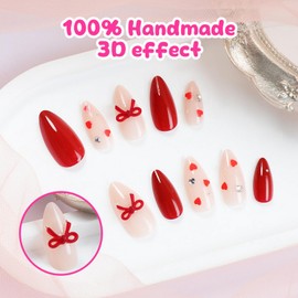Valentine's Day Press on Nails Short Almond Fake Nails Red Nude Valentine's Day False Nails with Heart Rhinestones Bow designs Stick on Nails Glossy Full Cover Glue on Nails for Women