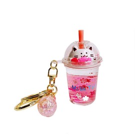 KUPOOL Cute Cat Milk Tea Keychain Simulation Bubble Milk Tea Key Chain Kawaii Transparent Liquid Keyring Car Key/Bag/Key Pendants Accessories DIY Jewelry Craft, Multicolor