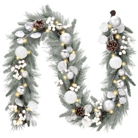 Valery Madelyn 6 feet Pre-Lit Christmas Garland with Light for Mantle, Lighted Battery Operated Xmas Garland with Silver White Ball for Front Door Fireplace Table Centerpiece Outdoor Window Home Decor