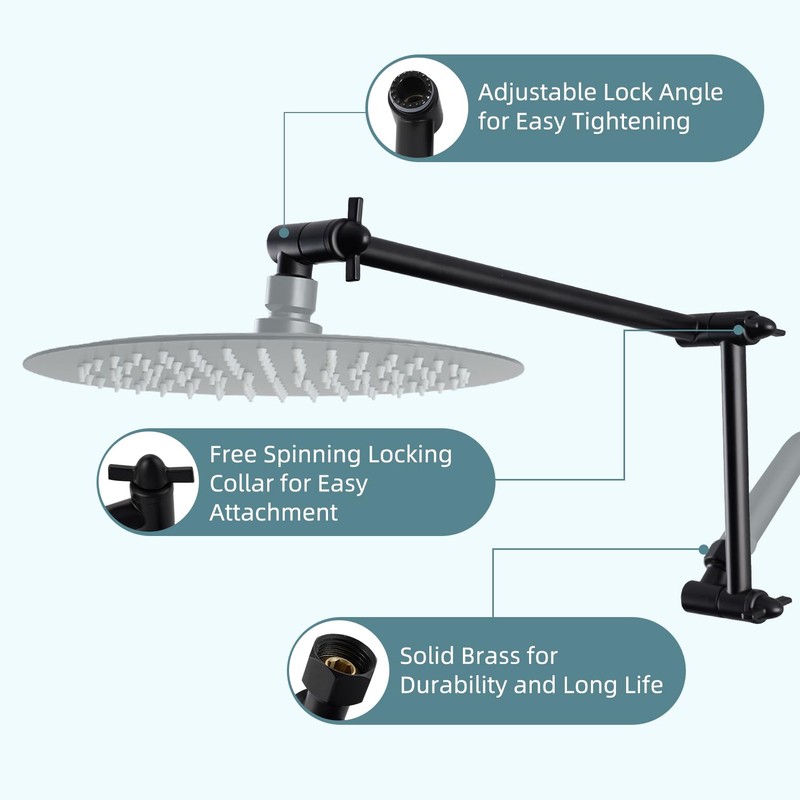 iFealClear Adjustable Shower Head Extension Arm, 16" Brass Shower Head
