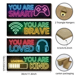 Kepuarm 4 Pieces Neon Gaming Wood Sign Wall Decor, Video Game Wall Art Gamer Hanging Plaques For Playroom, Boys, Teenagers, Kids Bedroom Decorations (Neon C)