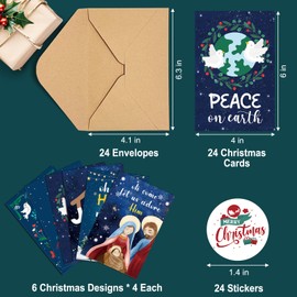 24 Religious Christmas Cards With Envelopes & Stickers, Christian Boxed Christmas Cards Assortment, Nativity Christmas Cards for Family Friends