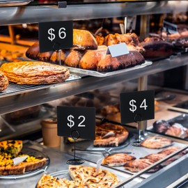 TecUnite 24 Pack Mini Chalkboard Signs, 4"x3" Small Chalkboard Label with Metal Stand 2 Water Based Chalk for Food Buffet Party, Tabletop Blackboard Signs for Christmas Bakery, Easy to Write(Black)