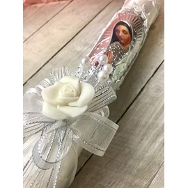 OOKi- Baptism Candle Flowers Crystals Cross lace and Ribbon Favor,Christening,Blessing Day,Communion Candle,Christening Ceremony Candle (Silver Guadalupe)