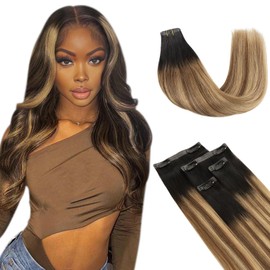 Lashey Clip in Hair Extensions 4pcs 46g Ombre Balayage Ash Brown to Honey Blonde Seamless Clip in Hair Extensions Human Hair with Highlighted Effect 18 Inch Straight Human Hair Clip in Extensions