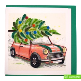 GREENHANDSHAKE Christmas Quilling Card 3D Collection - Unique Dedicated Handmade, Design Greeting Card for all occasion (Car with Christmas Tree)