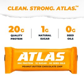 Atlas Bar – 20g Protein, 1g Sugar, 0g Seed Oils, 0g Artificial Sweeteners (12 Count, Peanut Butter Chocolate Chip)