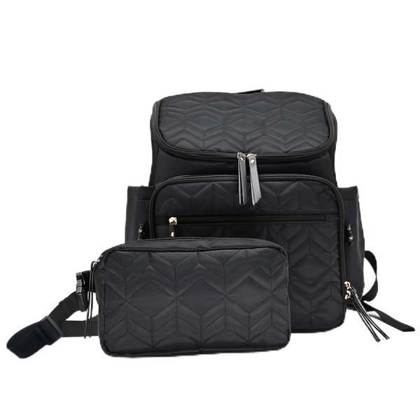 Trend Lab Juego de 5 bolsas de pañales de lujo 2 en 1 mochila y bolsa cruzada, incluye mochila, bolsa cruzada desmontable, 2 cubos de almacenamiento extraíbles y un cambiador, Negro -, Juego de