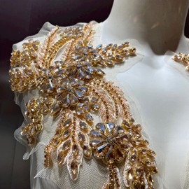 Liveish 1 Pair of Handmade Rhinestone Appliques, 26.5 * 18cm DIY Clothing appliqué Patches, Sewing Beaded appliqué for Wedding Dress Apparel Accessories (Champagne Color)