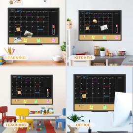 JILoffice Magnetic Black Calendar Dry Erase Board & Bulletin Board Combo, 24 x 18 Inch Dry Erase Board for Liquid Chalk Markers, Black Aluminum Frame for Office Home and School with 10 Push Pins