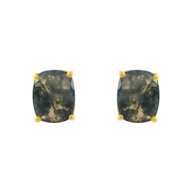 SeagullIN Women's 8x10 Cushion Princess Cut Gemstone 18k Gold Plated Gemstone Stud Earrings - Birthstone Stud for Her, Brass, moss agate