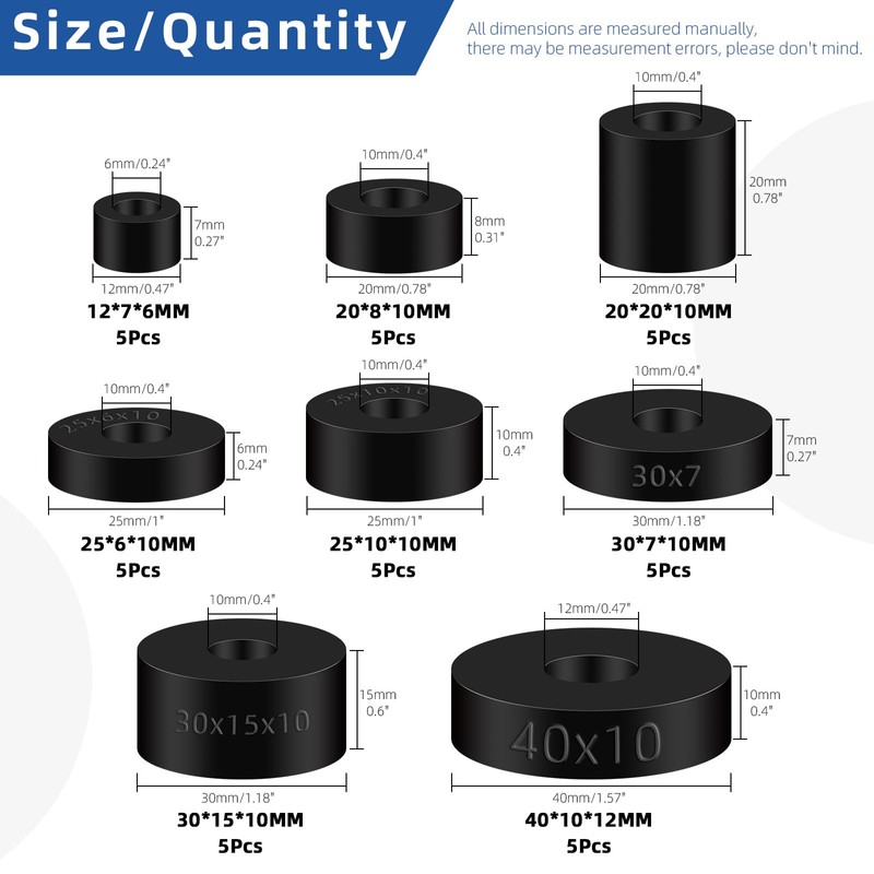 Glarks 40Pcs 8 Sizes Round Rubber Spacer Assortment Kit, Multi