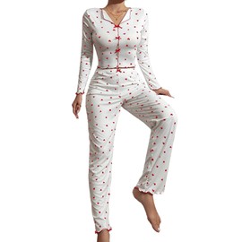 Hilinker Womens Cute Long Sleeve Pajama Set Ribbed Top and Pants Sleepwear 2 Piece Pjs White Red Heart Large