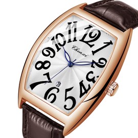 Tiong Brown Square Leather Band Men's Luminous Design Quartz Watch, Black Arabic Numerals Digital Quartz Leather Band Watch with Box for Men