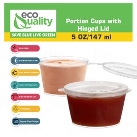 5 Oz Leak Proof Portion Cups with Lids - Plastic Condiment Souffle Containers with Attached Hinged Lid - Perfect for Sauce Cup, Sample Cup, Slime Cup, Jello Shot Cups with Lids, Food Storage (50)