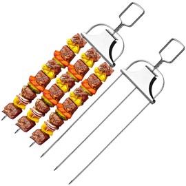 2 PCS 14 Inch 3 Way Grill Skewers Stainless Steel Kabob Skewers for BBQ, With Easy-To-Use Pusher Slider, Grill Accessory Perfect For Meat, Chicken, Sausages, Veggies, Shrimp