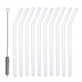 Schramm® Pack of 10 Glass Straws Curved Transparent with Cleaning Brush Reusable Drinking Straws Glass Straw