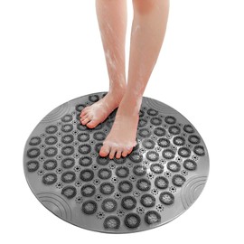 Round Shower Mat, Round Non-Slip Bath Mat With Suction Cup, Massage Function, Anti-mold and Antibacterial Rubber Shower Mat for Children, With Drainage Holes, Machine Washable (Grey)