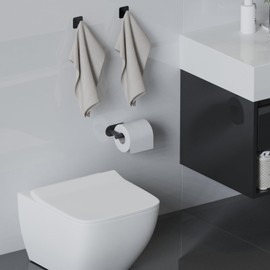 Dealsgogo RV Toilet Paper Holder - Self-Adhesive Wall Mount, No Drill Required, Black Stainless Steel, Includes 2 Hooks - RV Paper Towel Holder for Campers, Bathrooms, and Kitchens