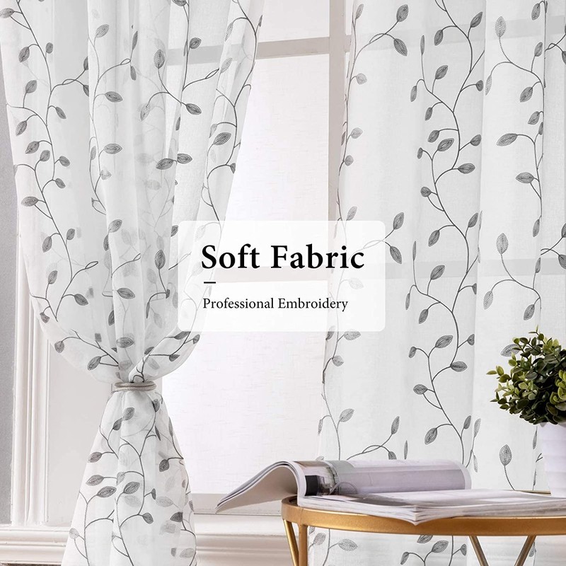 MIULEE Decorative Sheer Curtains with Embroidered Leaf Pattern for Living
