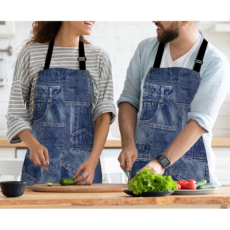 afidomu Kitchen Cooking Apron Denim Texture Patchwork Indigo Apron Home