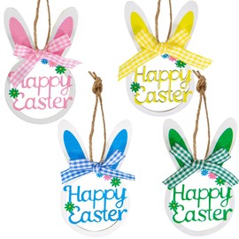8 Pcs Easter Rabbit Wooden Hanging Ornaments,Hollowed Bunny Shape Tree Ornaments Pendant Decorations Wood Cutouts Crafts with Bow and String for Kids Spring Easter Party Supplies Home Decoration