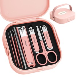 Manicura Set 8 en 1 Esencial Manicura y Pedicura Kit Acero Inoxidable Manicuras Herramientas Portátiles para Cortar las Uñas-Rosa
