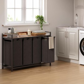 Herture Laundry Hamper with Shelf, Laundry Basket 4 Section, Laundry Sorter with Pull-Out Removable Large Bags and Movable Wheels, Metal Frame, 4 x 15.87 Gallons (60L), Rustic Brown + Blck PF07XLY