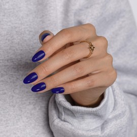 KQueenest Dark Blue Press On Nails Short Oval - Acrylic Press On Nails with Glue, Almond Short Fake Nails Press ons, Glossy Opaque Navy Blue, Reusable Soft Gel Glue on Nails for Women, 24 Pcs