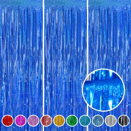 Foil Fringe Curtains Party Decorations - Melsan 3 Pack 3.2 x 8.2 ft Tinsel Curtain Party Photo Backdrop for Birthday Party Baby Shower or Graduation Decorations Navy