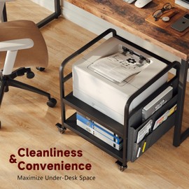RoleDec 2-Tier Large Under Desk Printer Stand with Storage, Printer Table with Height Adjustable Shelf & Charging Plug, Rolling Cart with Wheels for Home Office (Obsidian Black)