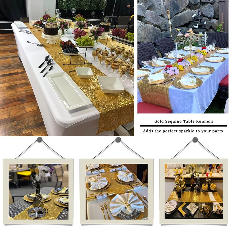 TCBESTO Gold Sequin Table Runner 12''x108'' 2 Pack Glitter Table