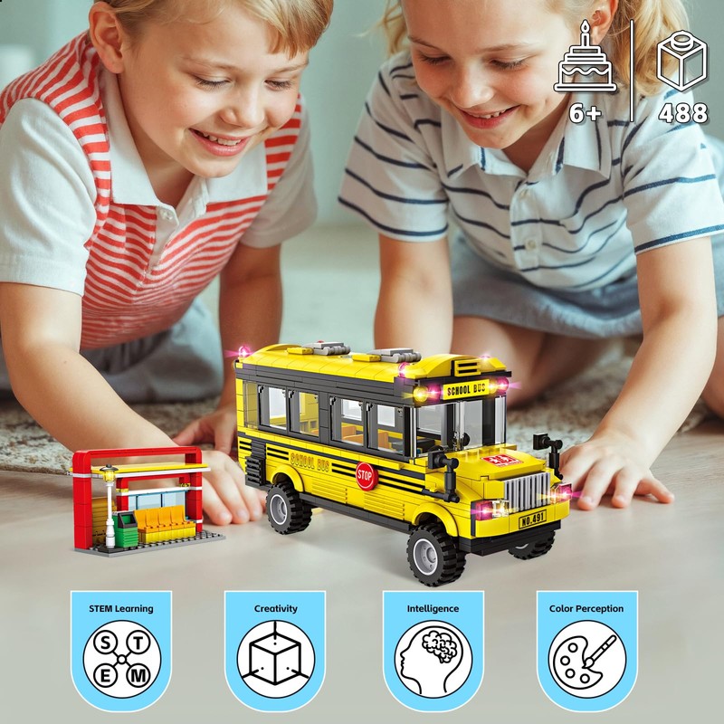 WEMEWEME School Bus Building Blocks Set 488PCS Creative Vehicle Model