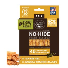 Earth Animal No Hide Stix - Long Lasting Rawhide Free Small Dog Chews Sticks, Peanut Butter - 40 Count Extra Value Pack