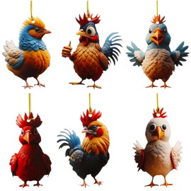 6 Pieces Christmas Chicken Ornaments 8.5cm Funny Chicken Xmas Tree Decorations Acrylic Hanging Chicken Decor with Hanging Rope Rooster Christmas Tree Pendants for Christmas Tree Hanging Decorations