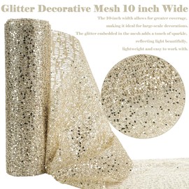 HUIHUANG Champagne Christmas Ribbon 10 inch Wide Glitter Deco Mesh Ribbon Champagne Gold Mesh Fabric for Christmas Tree Decorations, Garlands, Large Bows, Large Box Wrapping- Continuous 10 Yards