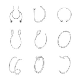 QXXPVV 9Pcs Fake Septum Nose Hoop Rings Stainless Steel Faux Piercing Fake Lip Ring Fake Helix Earring Non Pierced Jewelry for Women Men(9pcs fake ring Sliver)