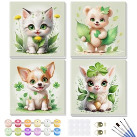 GHHKUD Paint by Numbers Kits for Kids Children & Adults, 4 Pack Painting by Numbers Canvas Beginners, Kids Painting by Numbers with Wooden Frame, Cartoon Animals Acrylic Children Painting 8x8inch