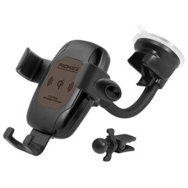 Promate Wireless Car Charger Mount, Qi Certified Air Vent and Gooseneck Suction Mount for Wireless Chargers with Mono Bluetooth Headset, Microphone