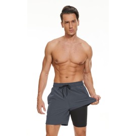 Men's Swimming Trunks 2-in-1 Quick-Drying Swimming Trunks for Men Swimming Trunks Men's Swimming Trunks with Inner Shorts and Zip Pockets, gray