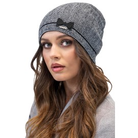 VIVISENCE Women's Winter Knitted Hat Warm Winter Hat with Wool Additive Universal Size Elegant Hat with Herringbone Pattern Perfect Fit and Comfort Autumn Model, Black, One Size