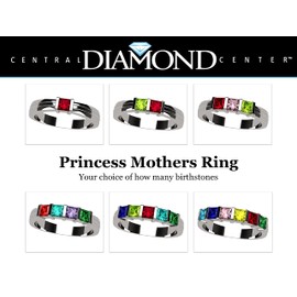 Central Diamond Center Princess Channel Set Mothers Ring with 1 to 6 Simulated Birthstones - Silver - Size 8